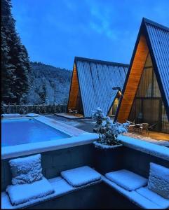 a house with a swimming pool in the snow at Pavliani4rest - Luxury Cabins in Pávliani