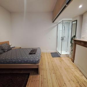 a bedroom with a bed and a walk in shower at Comfortable room with terrace European Parliament in Brussels