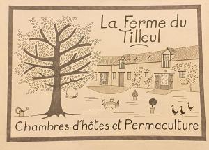 um desenho de uma casa com uma árvore e um sinal em La ferme du tilleul em Conchy-les-Pots