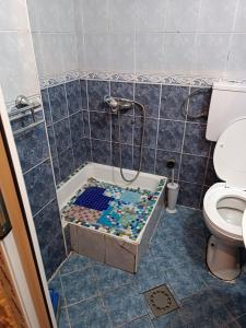 y baño con ducha de azulejos azules. en Maravilja 10, en Filmski Grad