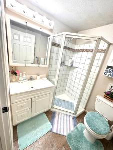 een badkamer met een douche en een wastafel bij Emerald City Studio Suite in Eugene