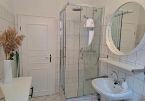 Un baño con lavabo y ducha con espejo. en Stilvolle Ferienwohnung Dresden, en Dresden 12 fotos más