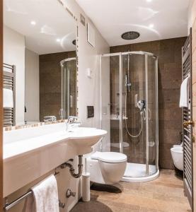 セルヴァ・ディ・ヴァル・ガルデーナにあるレジデンス アンターレスのバスルーム(洗面台、トイレ、シャワー付)