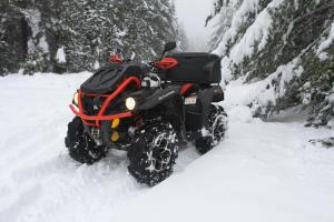 Un vol noir garé dans la neige dans l'établissement Cozy House Blidinje, à Blidinje