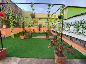 d'un jardin avec de l'herbe artificielle et des plantes sur un balcon dans l'établissement Morla’s villa, à Jagdalpur