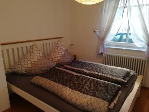 1 dormitorio con cama con almohadas y ventana en Stricker, en Markelfingen