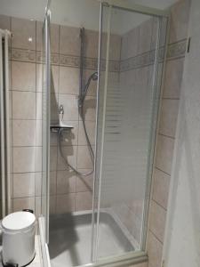 um chuveiro com uma porta de vidro na casa de banho em Stricker em Markelfingen