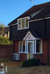 a dog sitting in front of a brick house at Gorgeous Comfy Cottage Walking Birdwatching Paddle Boarding and Seafood on the Doorstep in West Mersea