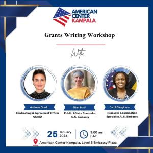 a flyer for an american center for kyrka grants writing workshop at Jana house in Kamuli