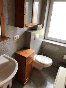 a bathroom with a toilet and a sink and a window at Haus-Koralle-Wohnung-links in Boltenhagen