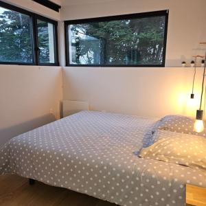 ein Schlafzimmer mit einem Bett und zwei Fenstern in der Unterkunft Villa vue Imprenable Aber Benoît in Saint-Pabu