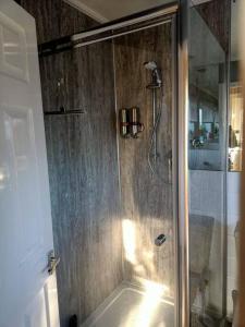 a shower with a glass door in a bathroom at Lotus House in Needingworth