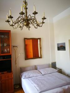 a bedroom with a bed and a chandelier at Garconniere im ehemaligen Hotel Austria in Gmunden +18 photos