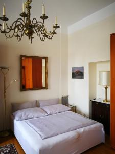 Schlafzimmer mit einem Bett mit einem Spiegel und einem Kronleuchter in der Unterkunft Garconniere im ehemaligen Hotel Austria in Gmunden