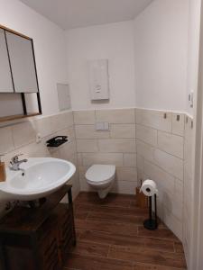 uma casa de banho com um lavatório branco e um WC. em FeWo Gartenblick em Thale