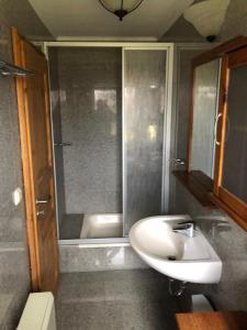 ein Badezimmer mit einem weißen Waschbecken und einer Dusche in der Unterkunft Haus Koralle Wohnung rechts in Boltenhagen