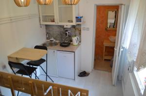 a small kitchen with a sink and a table at Studio Mini Lux in Požarevac