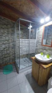 a bathroom with a shower and a sink at Cabañas la Estrella in Neltume