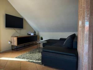 a living room with a couch and a flat screen tv at Apartmani Sunset in Slavonski Brod
