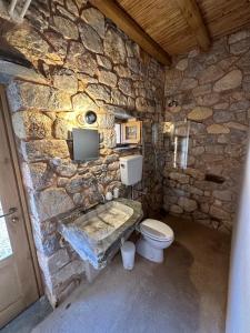 a stone bathroom with a toilet and a stone wall at Phisis Nature Retreat in Donoussa