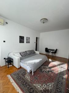 Habitación blanca con cama y alfombra en Apartment Mirochka, en Belgrado