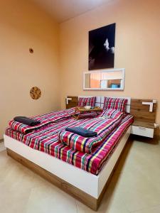 een slaapkamer met een groot bed en een kleurrijk dekbed bij Flower house 10 in Sofia