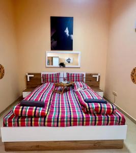 a bedroom with a bed with a colorful comforter at Flower house 10 in Sofia