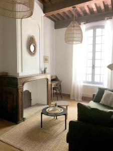 a living room with a couch and a fireplace at La bohème place aux herbes in Uzès