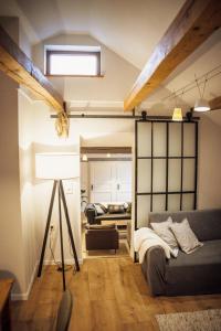 a living room with a couch and a bed at Ferienwohnung am Berg Oybin in Kurort Oybin