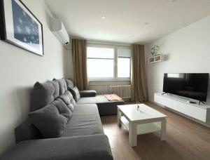 uma sala de estar com um sofá e uma televisão em Elegant Escape apartment III - free parking, easy access to City Center em Bratislava