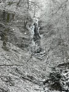 a snow covered hill with a waterfall in a forest at Ferienwohnung Vierländereck nahe Winterberg in Elpe