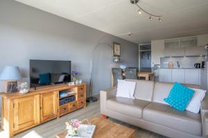 een woonkamer met een bank en een televisie bij Appartementencomplex Juliana 46 in De Koog
