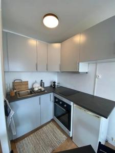 帕艾維坡斯特的住宿－Superbe Studio avec parking gratuit sur place，厨房配有白色橱柜、水槽和洗碗机。
