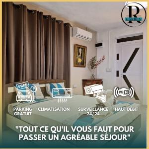a poster of a bedroom with a bed and curtains at R Garden Studio 1 - Ensuite avec accès privé et indépendant in Baie du Tombeau