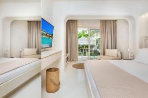 two pictures of a hotel room with a bed and a bedroom at Cocoοns Luxury Suites & Villas in Fourka