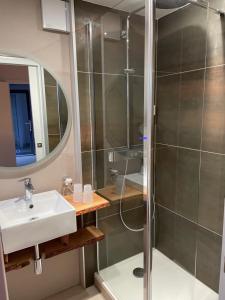 a bathroom with a shower and a sink and a mirror at Hôtel Restaurant Domaine De Basil in Orbey