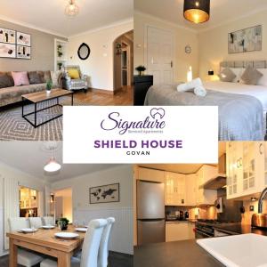 een collage van foto's van een slaapkamer en een woonkamer bij Signature - Shield House in Scotstoun