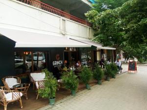 a restaurant with potted plants in front of a building at Propriete no.6 - close to university, hospital and downtown in Iaşi