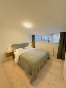 1 dormitorio con 1 cama grande y suelo de madera en aday - Holiday Apartment in the heart of Frederikshavn, en Frederikshavn