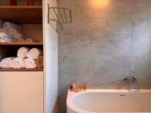 een badkamer met een douche, een bad en een wastafel bij Chic Spacious Apartment Surrounded by Nature Near Opatija in Matulji