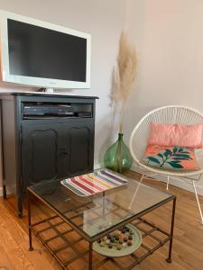 a living room with a tv and a coffee table at L appartement cosy in Le Garric