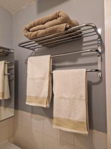 a bathroom with towels hanging on a towel rack at 1-Bedroom Flat Close to Manchester Airport in Handforth
