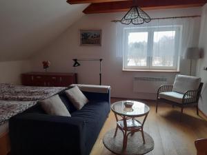 um quarto com uma cama, um sofá e uma mesa em Apartmán u potoka em Nové Město na Moravě