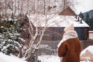 una persona parada frente a una casa en la nieve en Domki na Widoku, en Lubomierz
