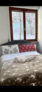 a bed in a room with a window with snow outside at Lussuosa Suite in Montagna con WIFi e Netflix in Tarvisio