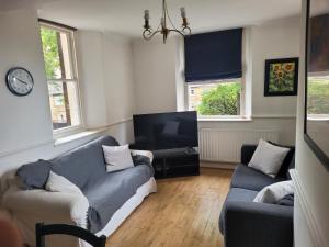 a living room with a couch and a tv at Lovely 2 Double Bed Aptmnt in Historic Greenwich in London