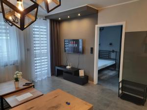 a living room with a couch and a tv and a table at Apartamenty u Nataszy in Ustrzyki Dolne