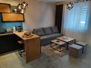 a living room with a couch and a table at Apartamenty u Nataszy in Ustrzyki Dolne