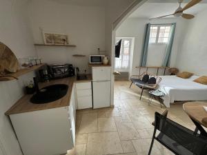 een kamer met een keuken en een woonkamer met een bed bij Studio 3 pers coeur de village Bormes les Mimosas in Bormes-les-Mimosas