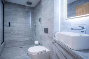 ein Badezimmer mit einem weißen WC und einem Waschbecken in der Unterkunft Suite 7 - Sleeping Giant Hotel - Pen Y Cae Inn in Brecon